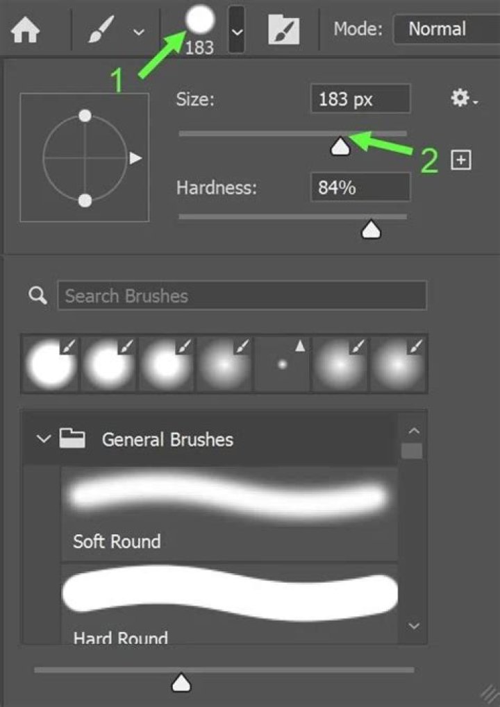 How do you adjust brush size in Photoshop?
